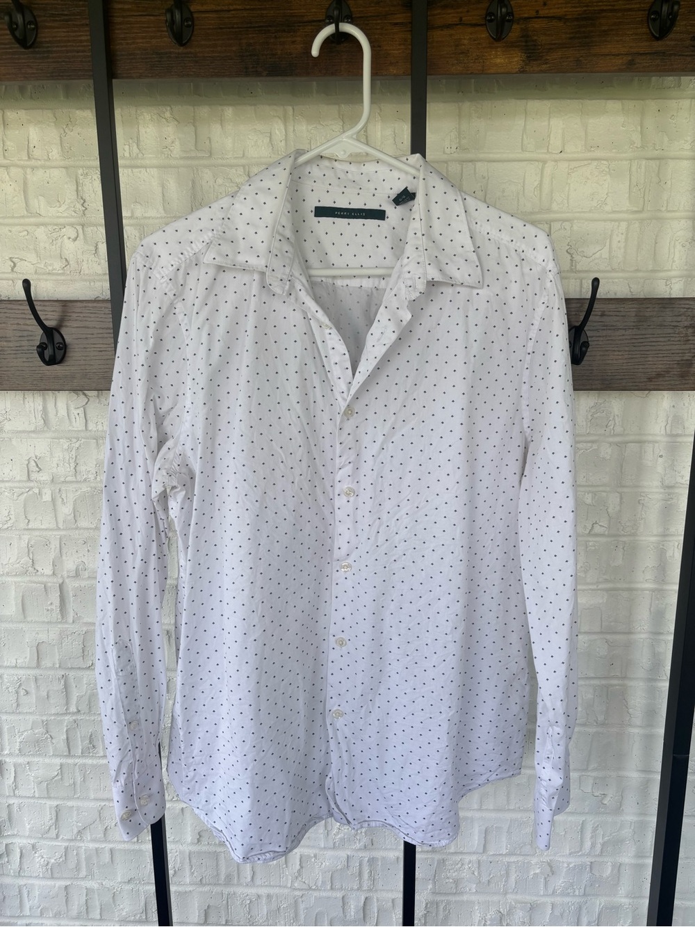 Perry Ellis White Long-Sleeve Button-Down with Navy Micro Dots